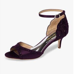 XYD Dark Purple Peep Toe D'Orsay Kitten Heel Rhinestone Studs Ankle Strap Sandal